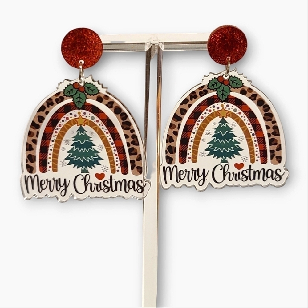 Leopard Print Plaid Merry Christmas Rainbow Dangle Fashion Earrings